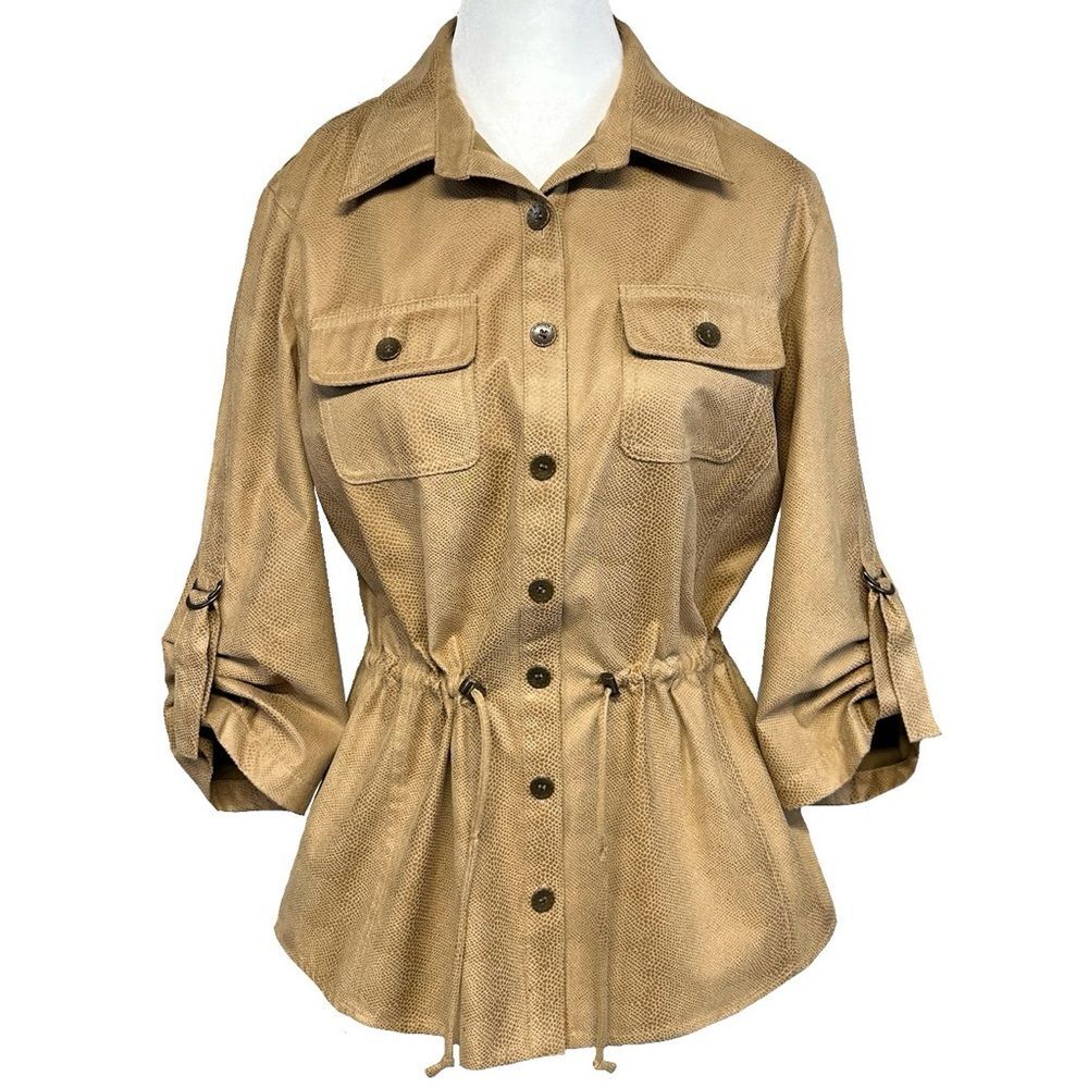 Chicos Snakeskin Croc Brown Button Up Safari Jacket Cinch Waist M/8